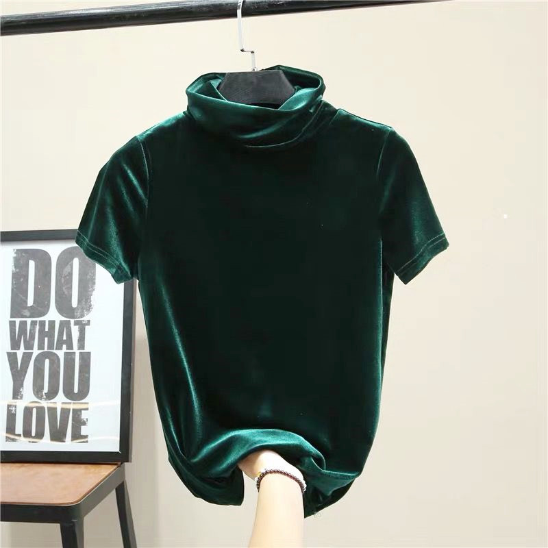 Street Fashion Tshirt - Kemeja Beludru Lengan Pendek Turtleneck Wanita